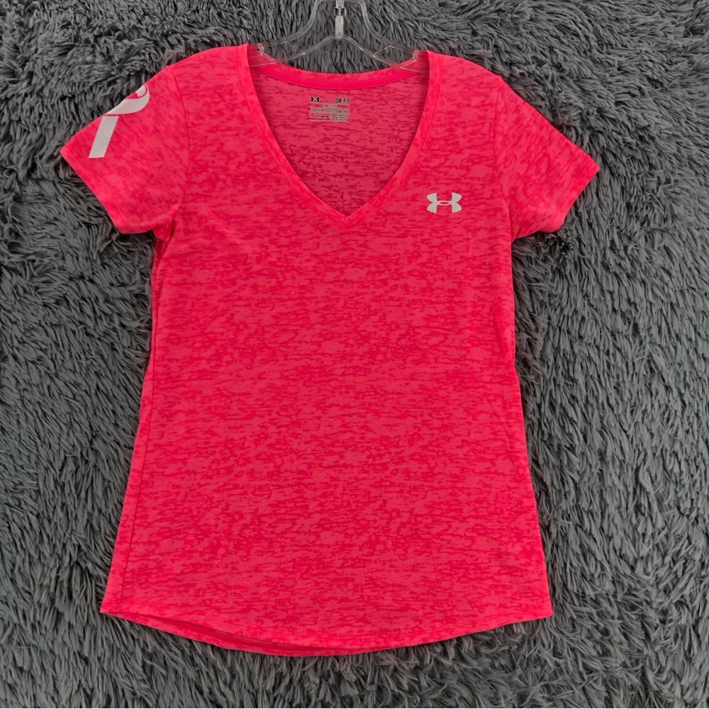 Under Armour Shirt Pink Breast Cancer Logo Vneck Burnout Semi Fitted Heatgear